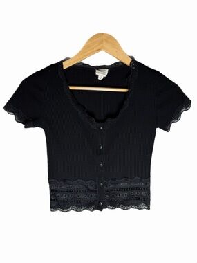 Caution To The Wind Black Lace-Trim Ribbed Button Front Top Size Small